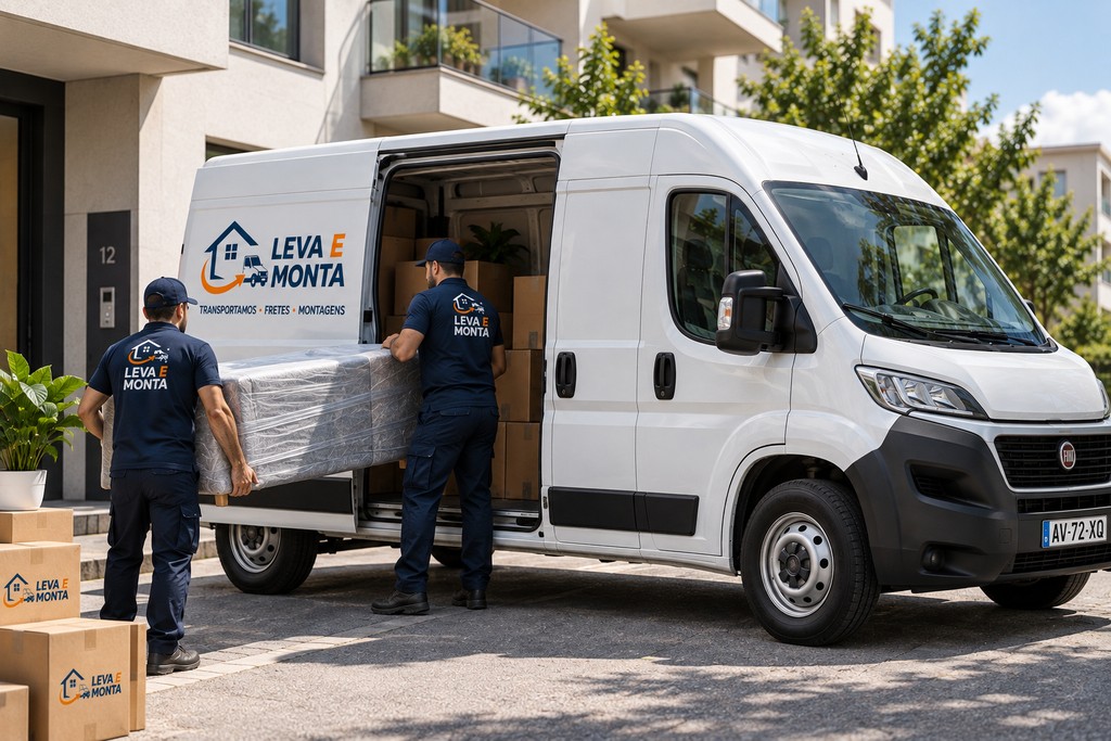 White Leva e Monta van being loaded by the team in front of a residential building