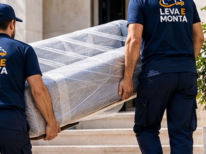 Leva e Monta team carrying a protected sofa up the entrance steps