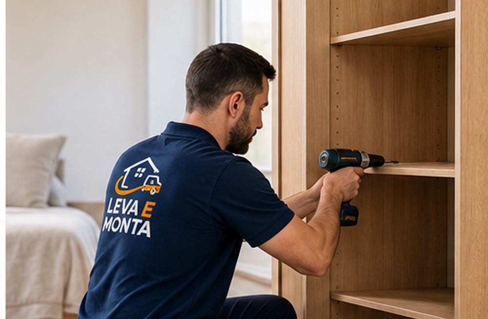 Leva e Monta professional assembling white furniture with a drill