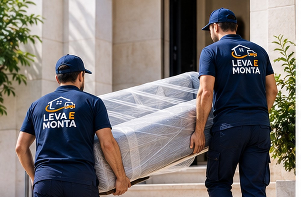 Two Leva e Monta professionals carrying a protected, strapped sofa down the stairs